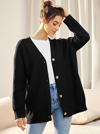 Women's Oversized V-Neck Cardigan with Button Closure