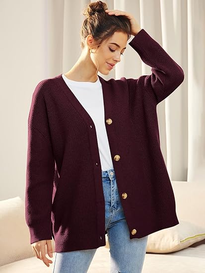 Women's Oversized V-Neck Cardigan with Button Closure