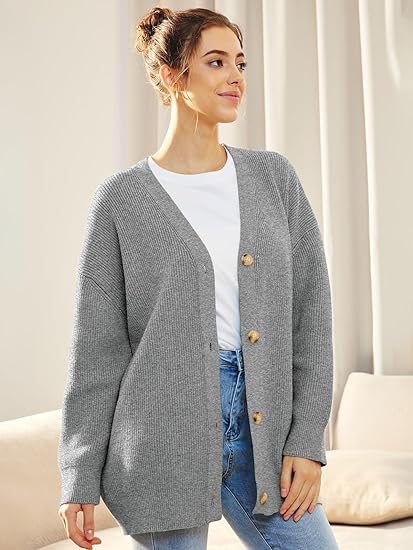 Women's Oversized V-Neck Cardigan with Button Closure