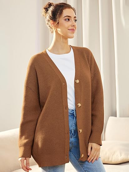 Women's Oversized V-Neck Cardigan with Button Closure