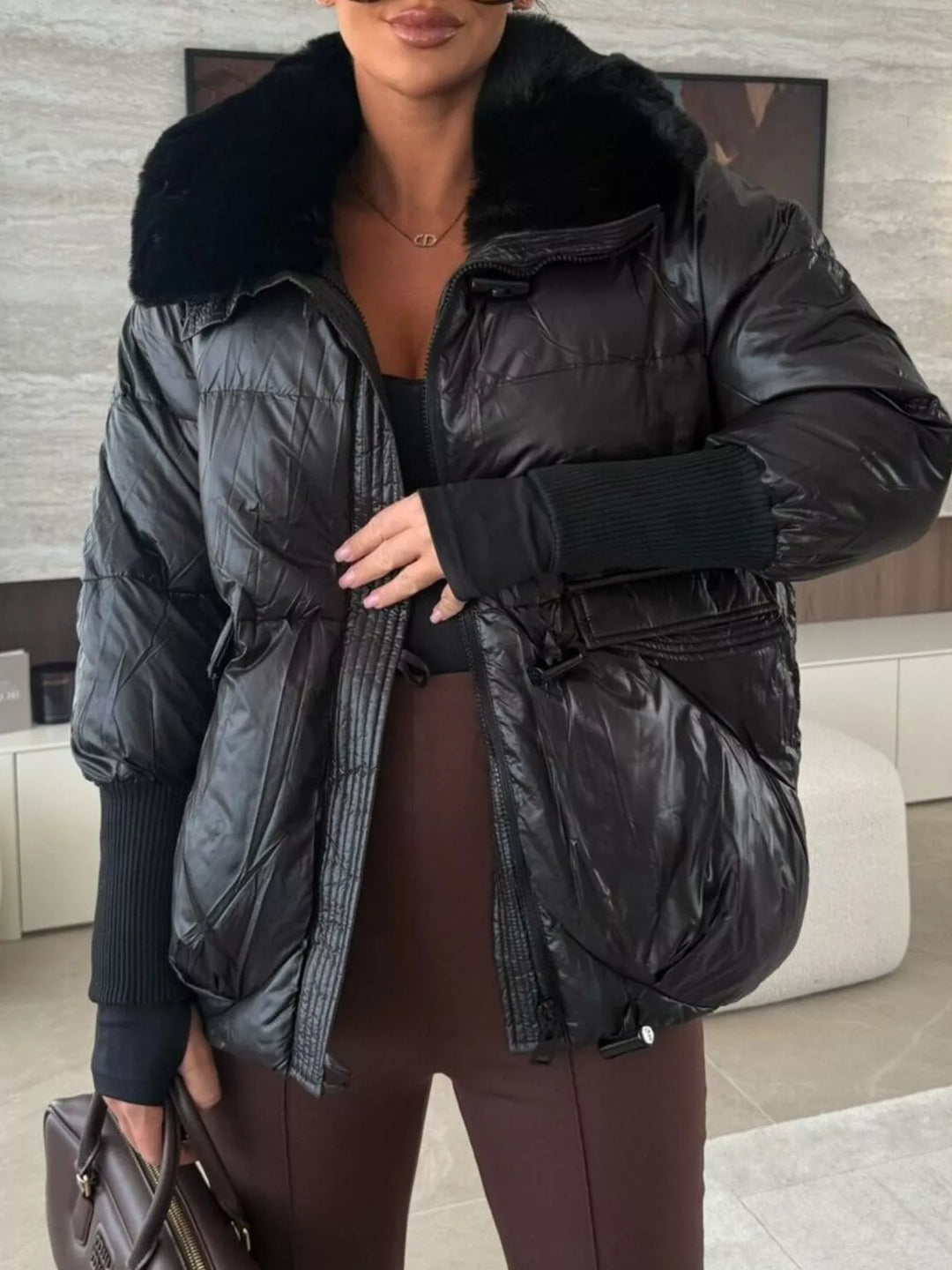 Chaqueta acolchada para mujer con cuello de piel sintética, tallas S a 2XL
