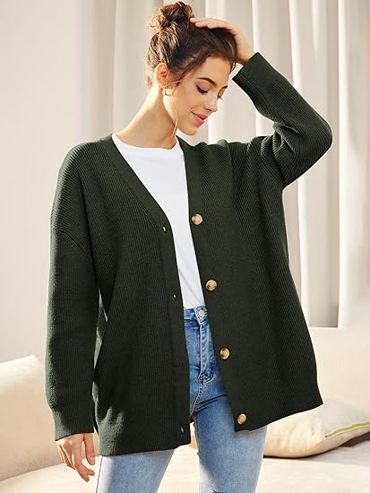 Women's Oversized V-Neck Cardigan with Button Closure
