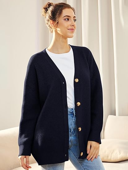 Women's Oversized V-Neck Cardigan with Button Closure
