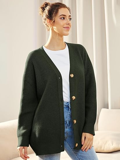 Women's Oversized V-Neck Cardigan with Button Closure