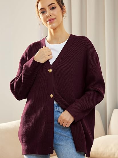 Women's Oversized V-Neck Cardigan with Button Closure