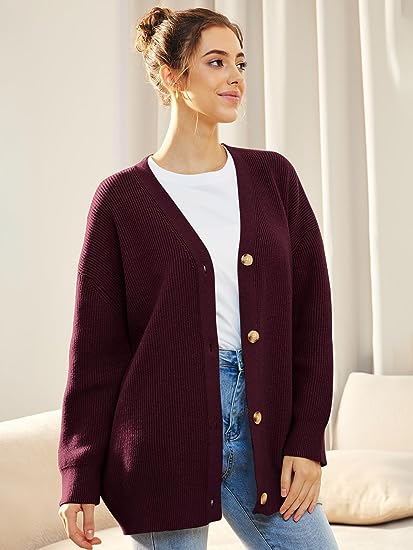 Women's Oversized V-Neck Cardigan with Button Closure