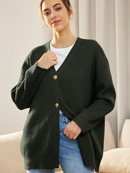 Women's Oversized V-Neck Cardigan with Button Closure