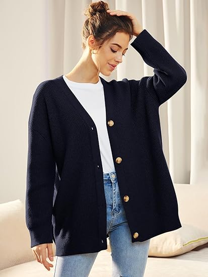 Women's Oversized V-Neck Cardigan with Button Closure