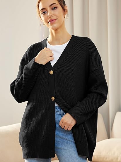 Women's Oversized V-Neck Cardigan with Button Closure
