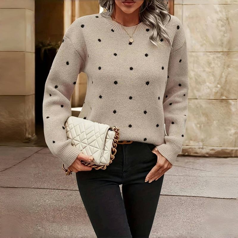 Women's Knitted Sweater with Round Neck, Polka Dot Pattern, Loose Fit
