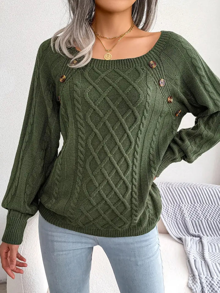 Women's Loose-Fitting Cable-Knit Sweater with Shoulder Buttons