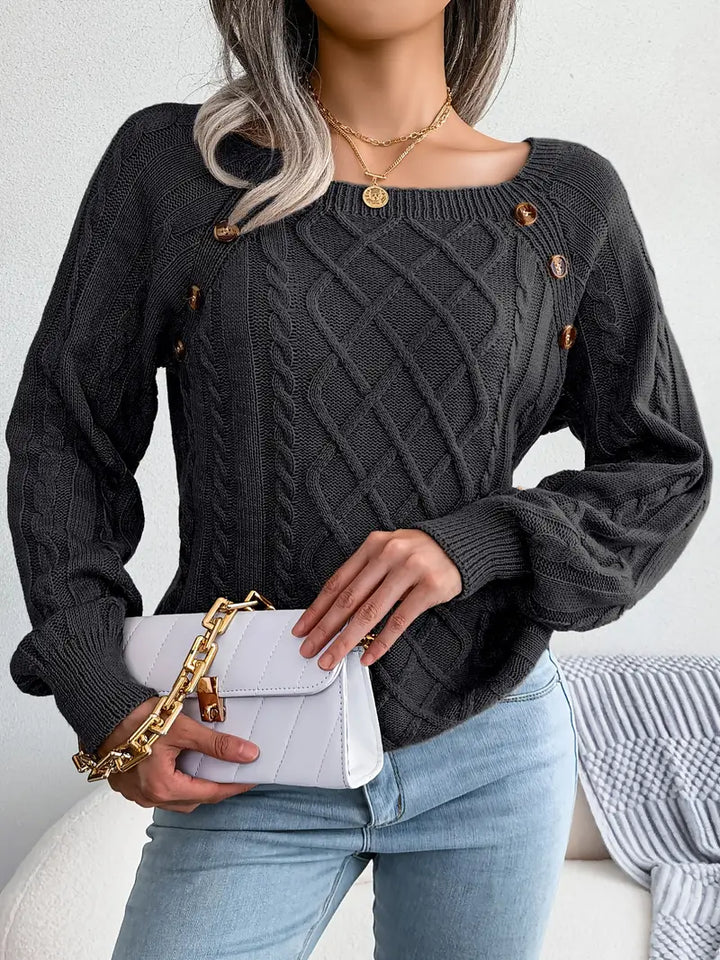 Women's Loose-Fitting Cable-Knit Sweater with Shoulder Buttons