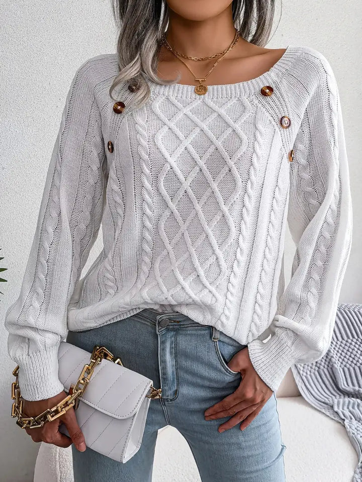 Women's Loose-Fitting Cable-Knit Sweater with Shoulder Buttons