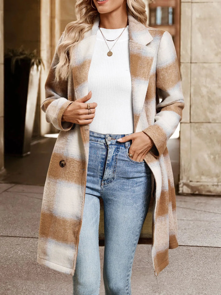 Manteau d'hiver long à carreaux pour femme, fermeture boutonnée et poches