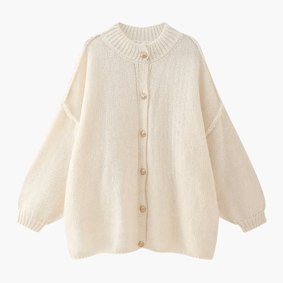 Casaco de malha oversized para senhora com botões à frente e punhos canelados