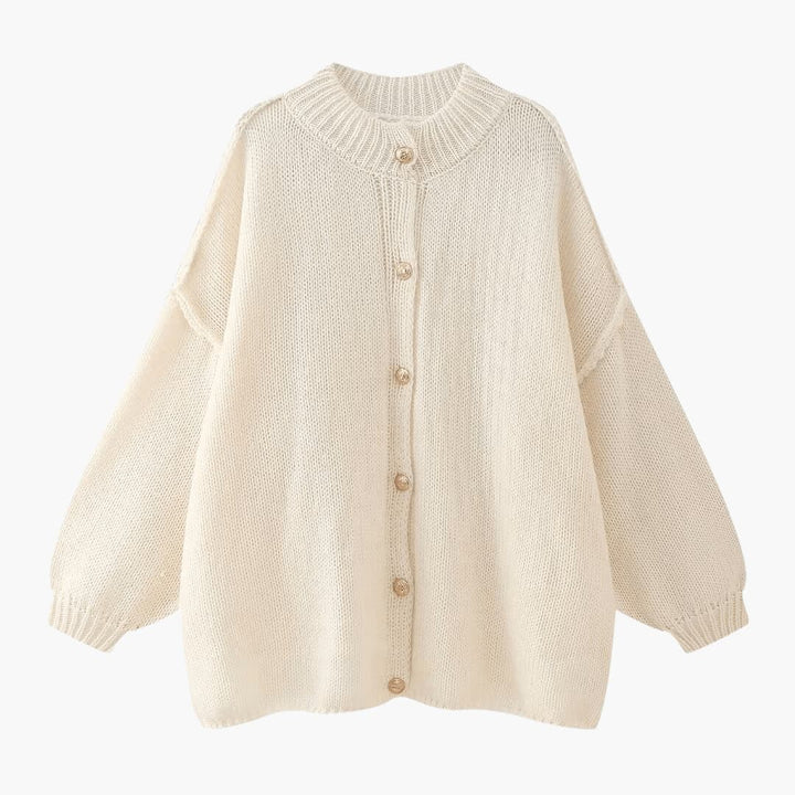 Casaco de malha oversized para senhora com botões à frente e punhos canelados