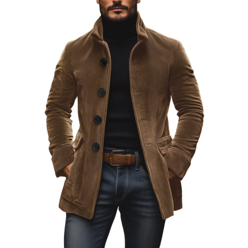 Men's Autumn Corduroy Coat with Mandarin Collar and Button Closure