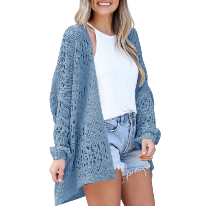 Casaco de malha oversized para mulher, em tecido leve de malha aberta