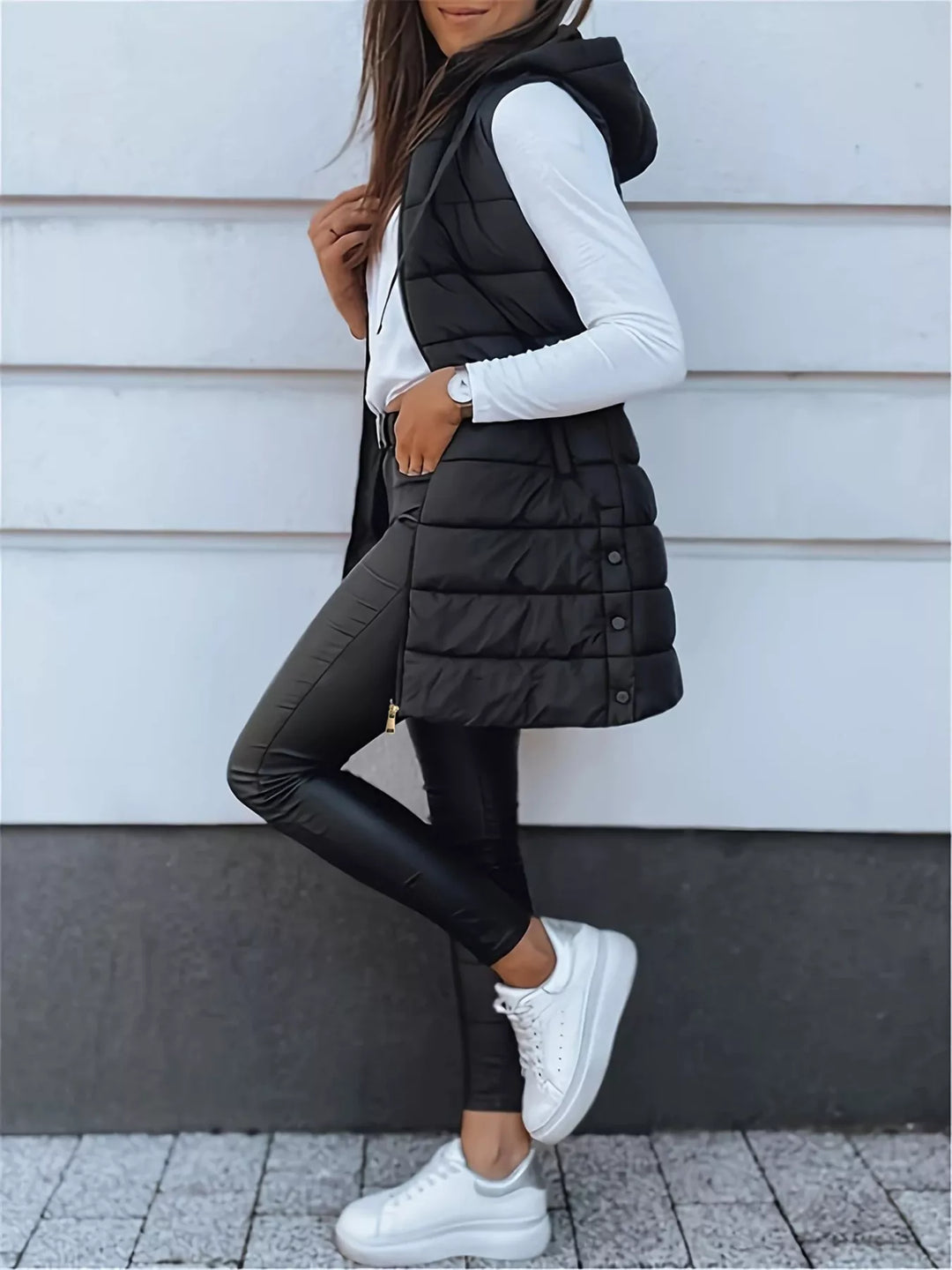Gilet imbottito lungo con cappuccio da donna, con cerniera, taglie dalla S alla XXL