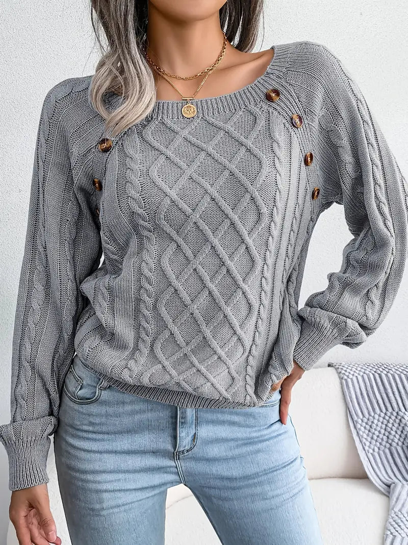 Women's Loose-Fitting Cable-Knit Sweater with Shoulder Buttons