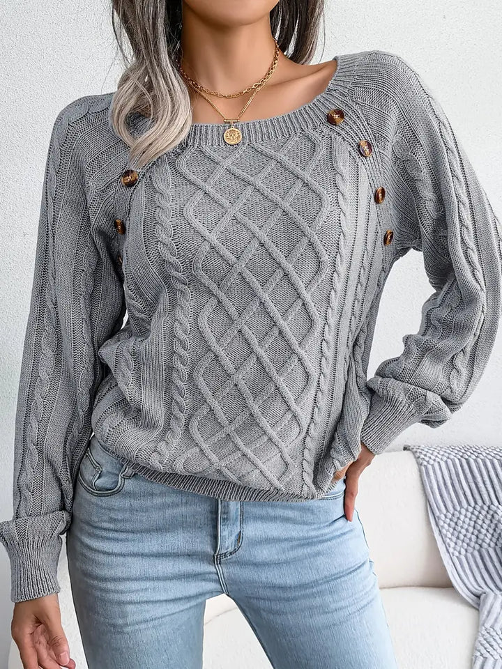 Women's Loose-Fitting Cable-Knit Sweater with Shoulder Buttons