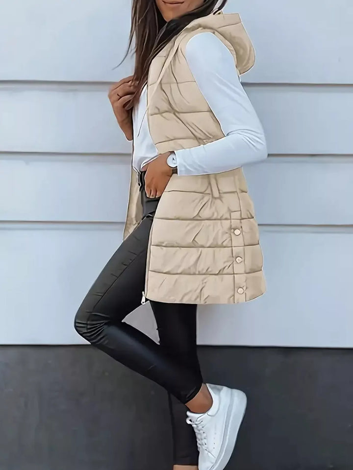 Gilet imbottito lungo con cappuccio da donna, con cerniera, taglie dalla S alla XXL