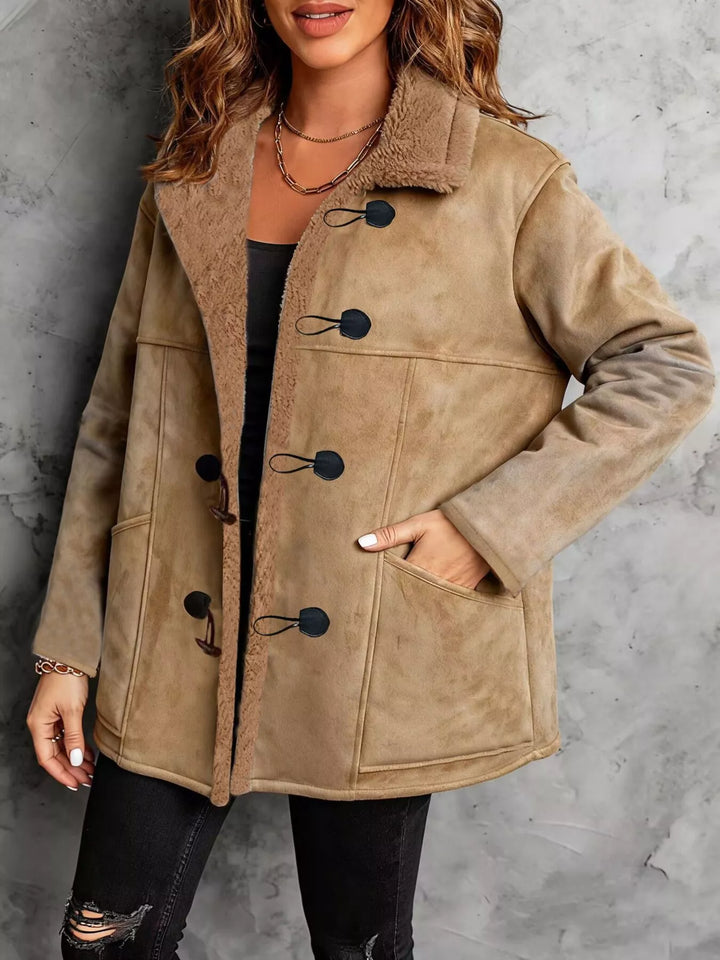 Women's Faux Suede Sherpa Coat with Toggle Front, Sizes S to XL