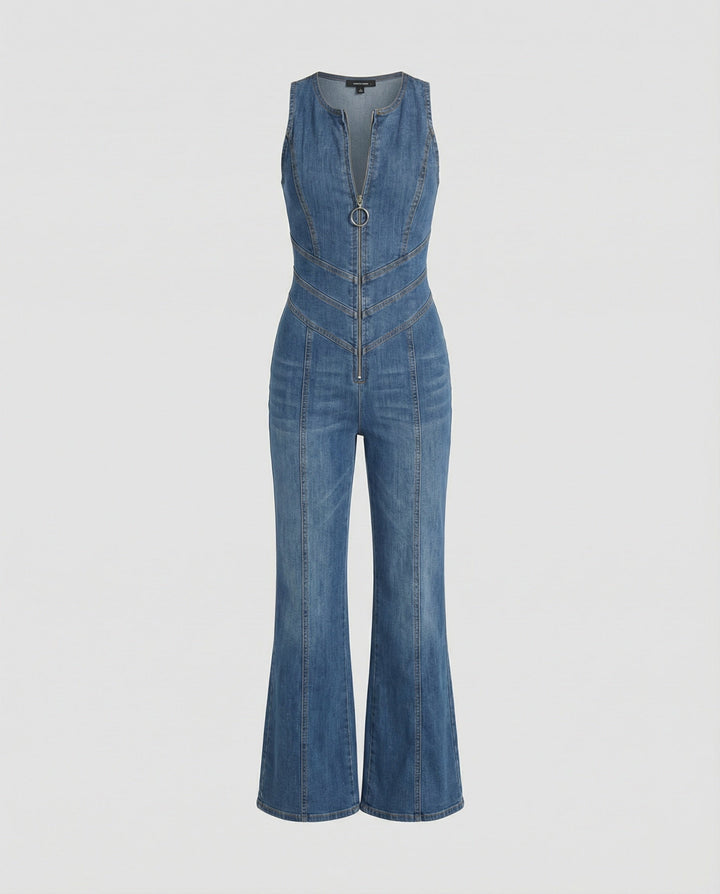 Women's Denim Overall Jumpsuit with Heart-Shaped Neckline and Back Cutout-The Yellow Prime