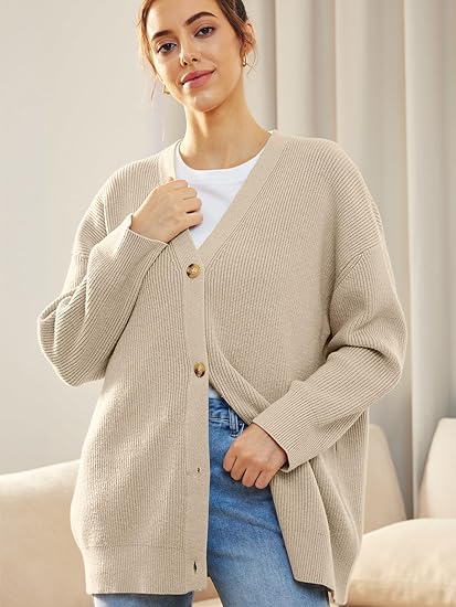 Women's Oversized V-Neck Cardigan with Button Closure