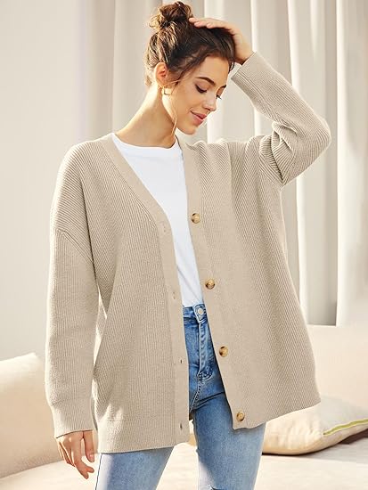 Women's Oversized V-Neck Cardigan with Button Closure