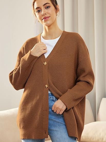 Women's Oversized V-Neck Cardigan with Button Closure