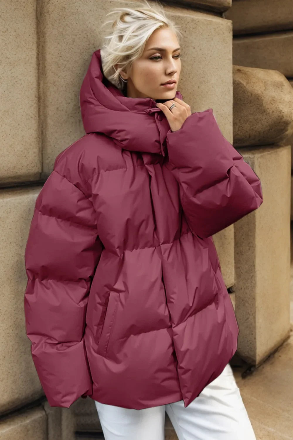 Women's Hooded Puffer Jacket with Pockets, Sizes S to L