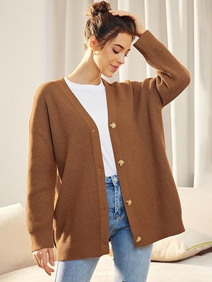 Women's Oversized V-Neck Cardigan with Button Closure