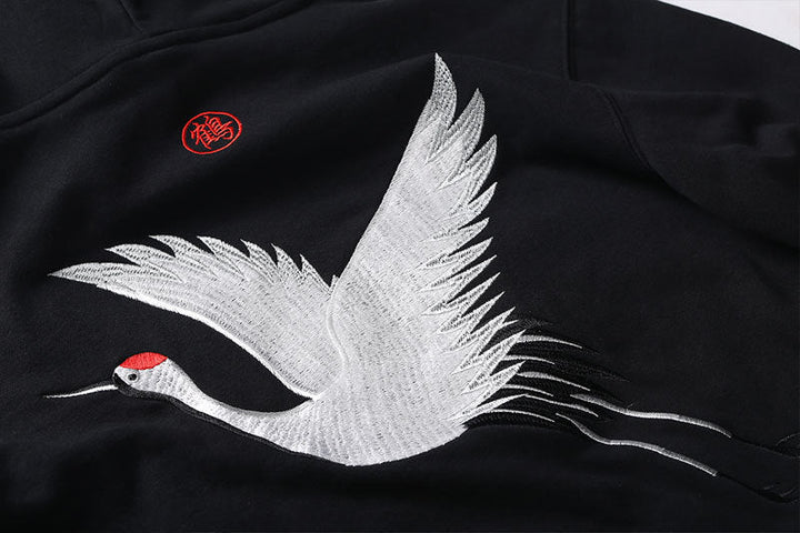 Men's Oversized Relaxed Hoodie with Embroidered Crane Design-The Yellow Prime