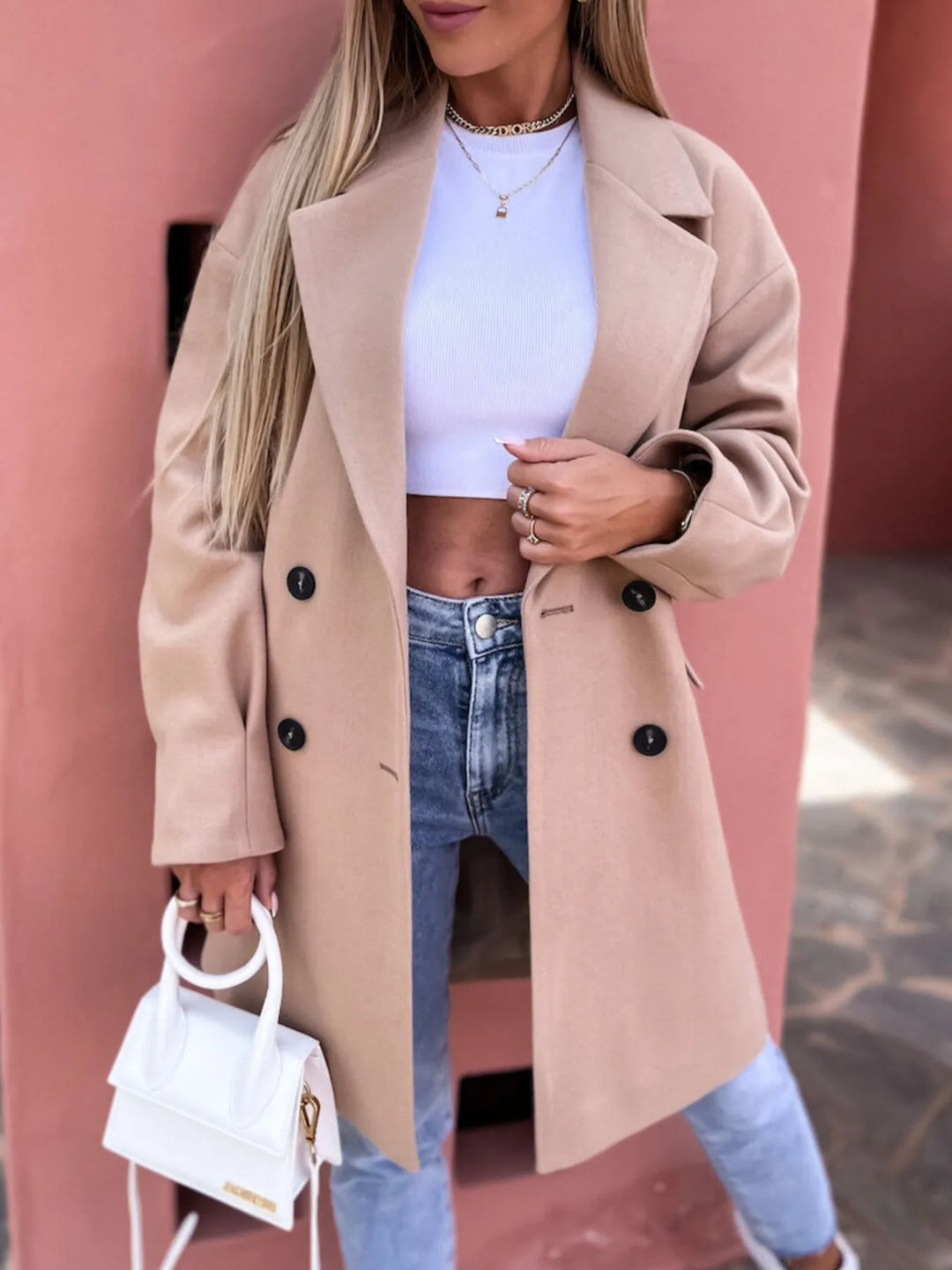 Cappotto invernale lungo da donna a doppiopetto con tasche, taglie S-3XL