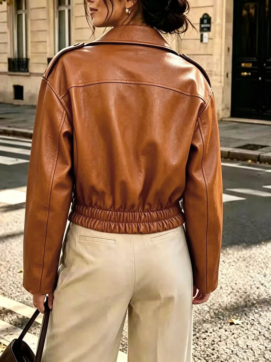 Women's Faux Leather Jacket with Smocked Detail, Zip Up, Sizes S-Xxl