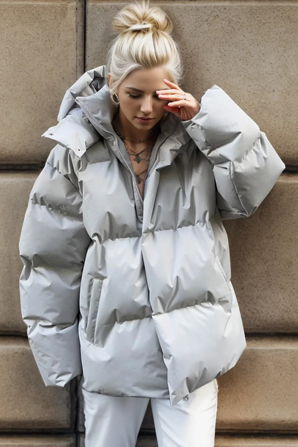 Women's Hooded Puffer Jacket with Pockets, Sizes S to L
