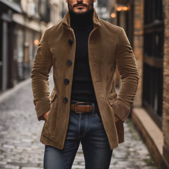 Men's Autumn Corduroy Coat with Mandarin Collar and Button Closure