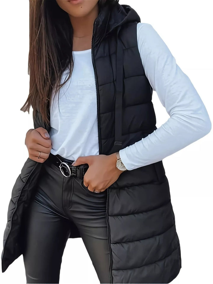 Gilet imbottito lungo con cappuccio da donna, con cerniera, taglie dalla S alla XXL