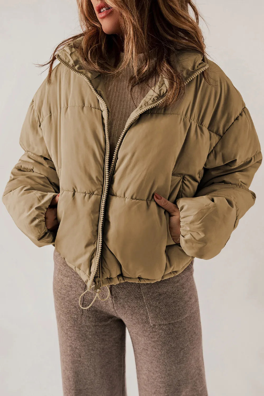 Vinterkappa för kvinnor med dragkedja och krage, långärmad, storlekar S till 2XL