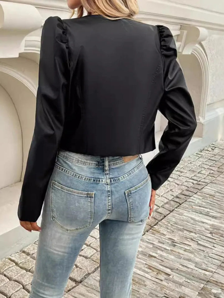 Chaqueta de piel sintética para mujer con parte delantera abierta y mangas abullonadas, tallas S-XL