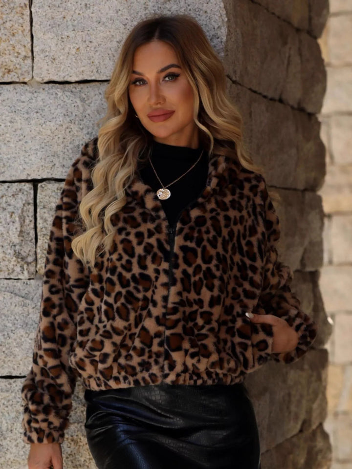 Giacca da donna con cappuccio e cerniera, stampa leopardata, taglie da S a 2XL
