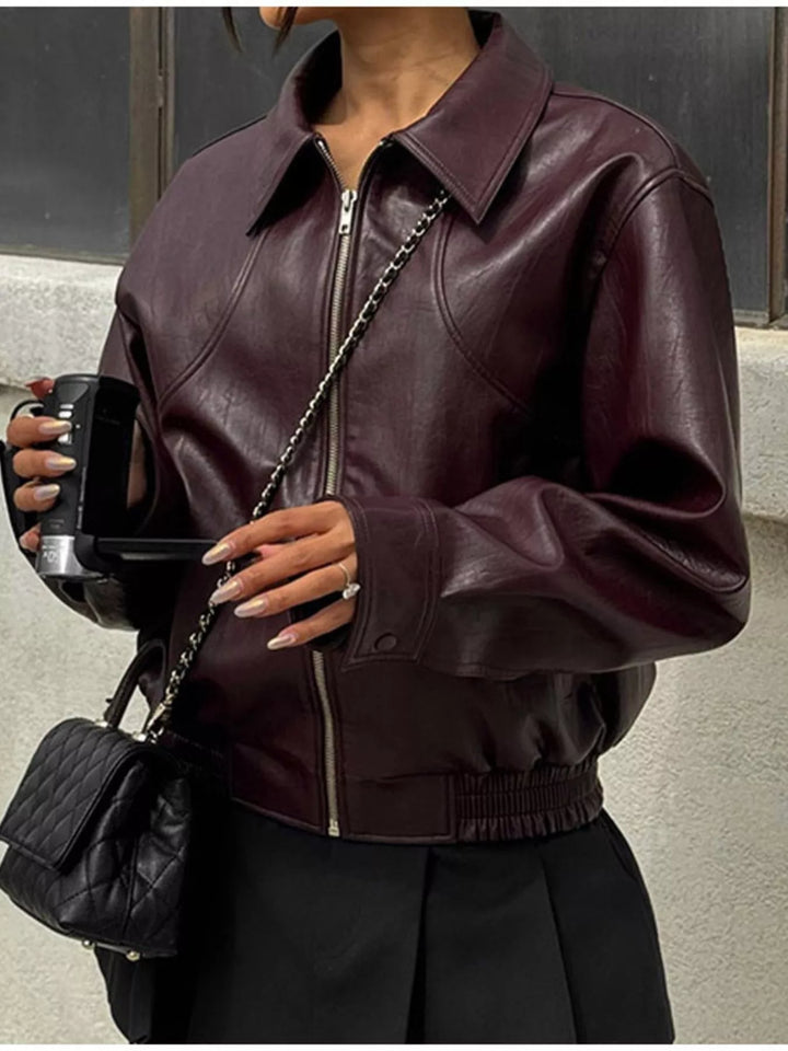 Women's Faux Leather Belted Coat with Shawl Collar, Mid-Thigh Length