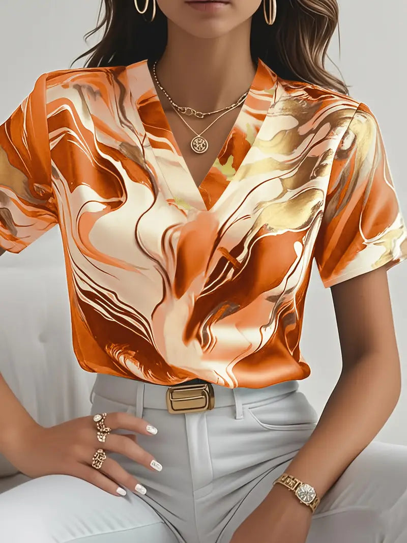 Mildred | Women's Marble Print Short Sleeve Shirt-The Yellow Prime