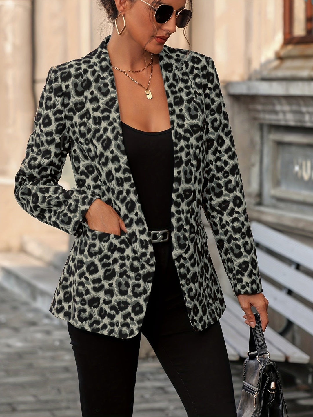 Women's Elegant Business Long Blazer with Leopard Print for All Seasons-The Yellow Prime