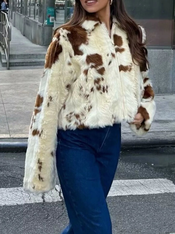 Kort jacka i fuskpäls för dam med dragkedja, beige