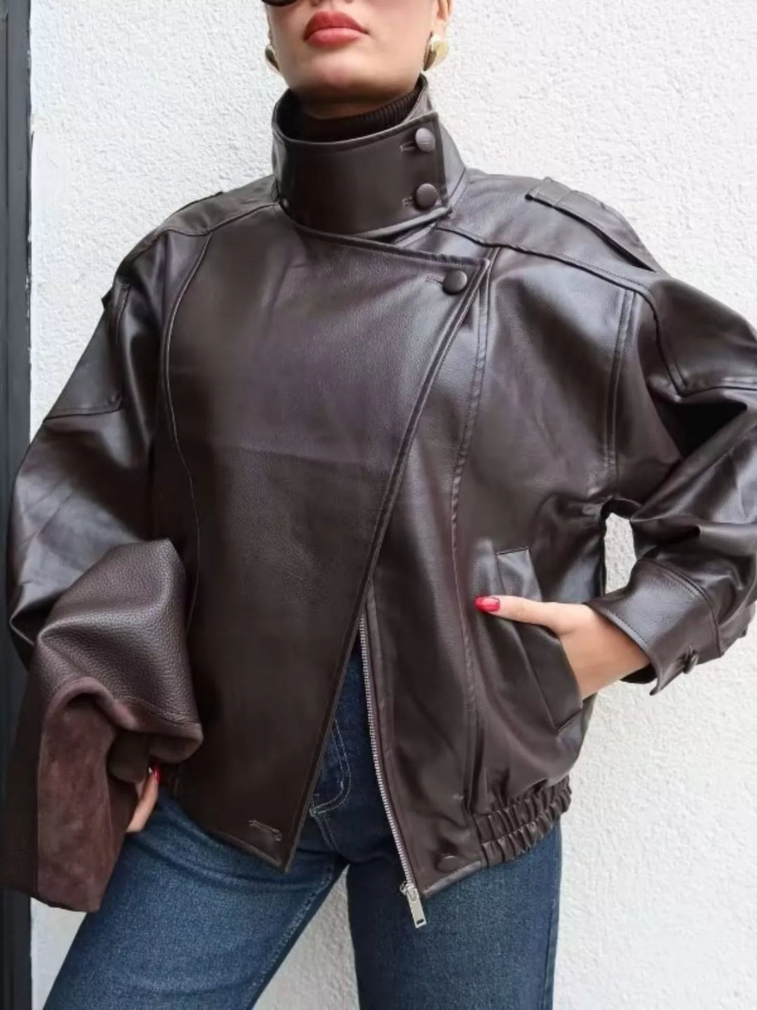 Casaco de motociclista em imitação de pele com bolsos, para senhora, tamanhos XS-L