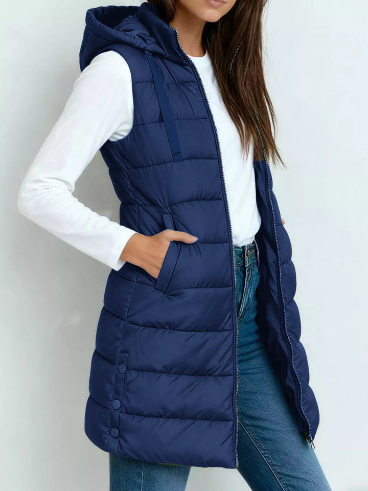 Gilet imbottito lungo con cappuccio da donna, con cerniera, taglie dalla S alla XXL