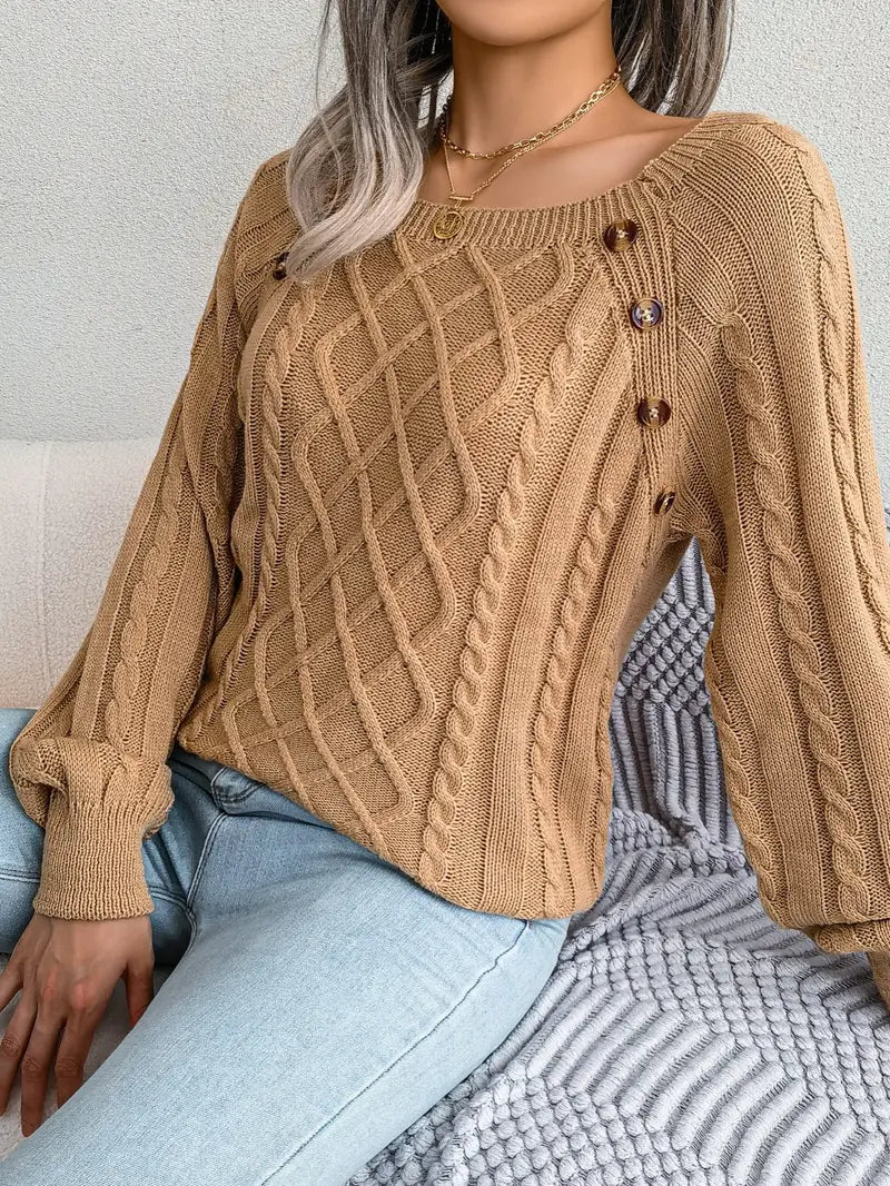 Women's Loose-Fitting Cable-Knit Sweater with Shoulder Buttons