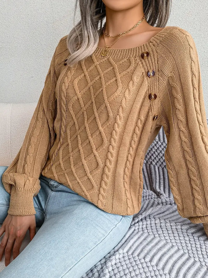 Women's Loose-Fitting Cable-Knit Sweater with Shoulder Buttons